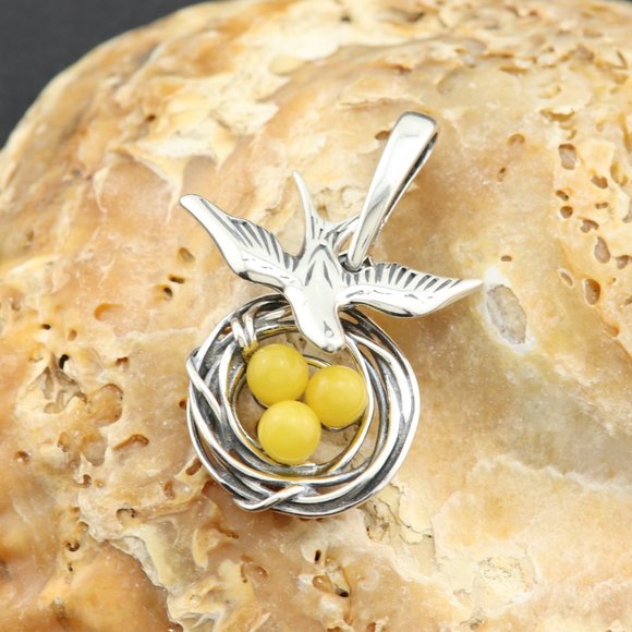 Very unique yellow amber pendant with all three parts moving, sterling silver - Picture 6 of 11